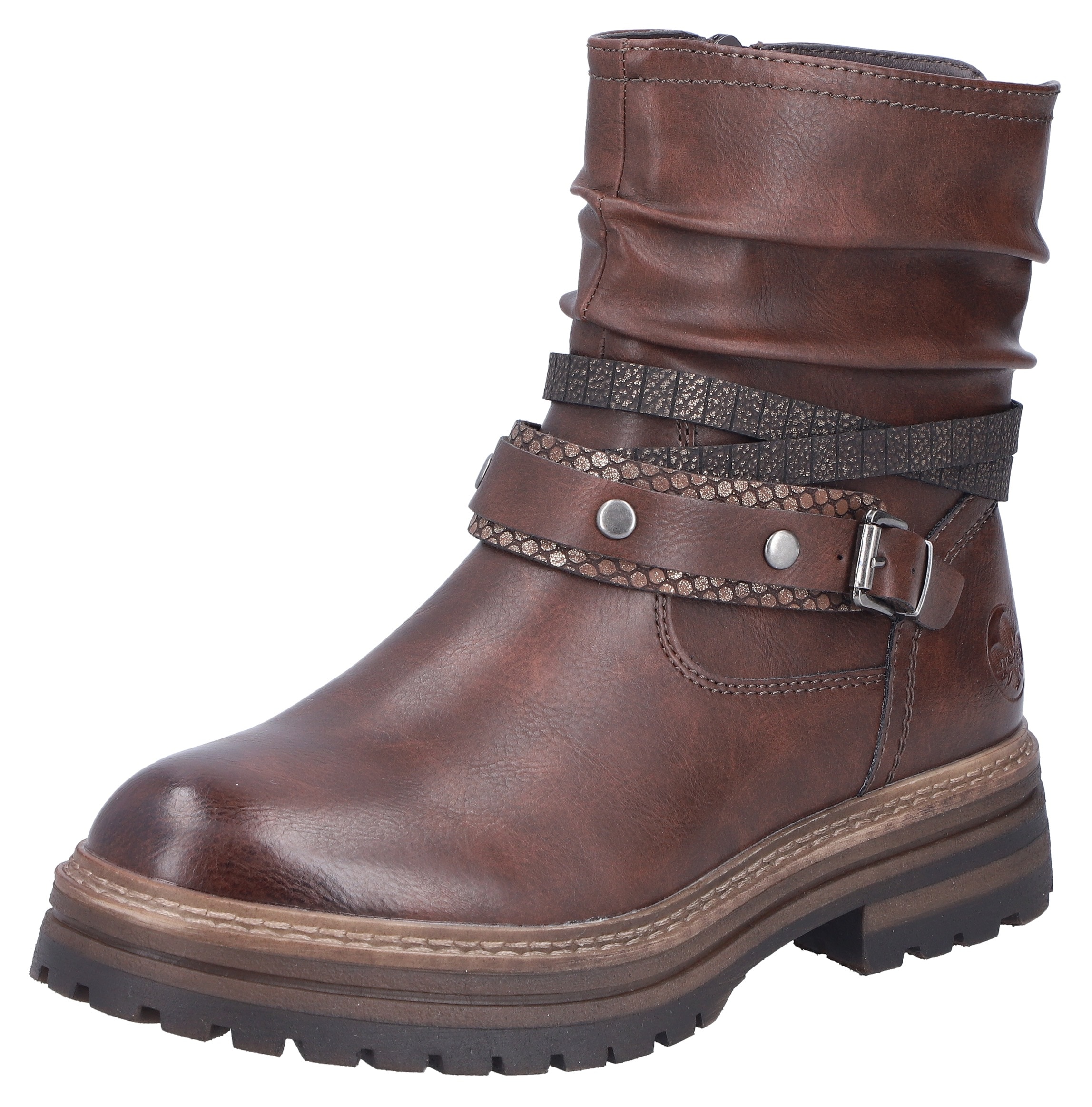 Winterstiefelette RIEKER, Damen, Gr. 36, kastanie, Lederimitat, used, Basic, Schuhe Winterstiefelette, Boots, Blockabsatz, mit Zierriemchen am slouchy Schaft