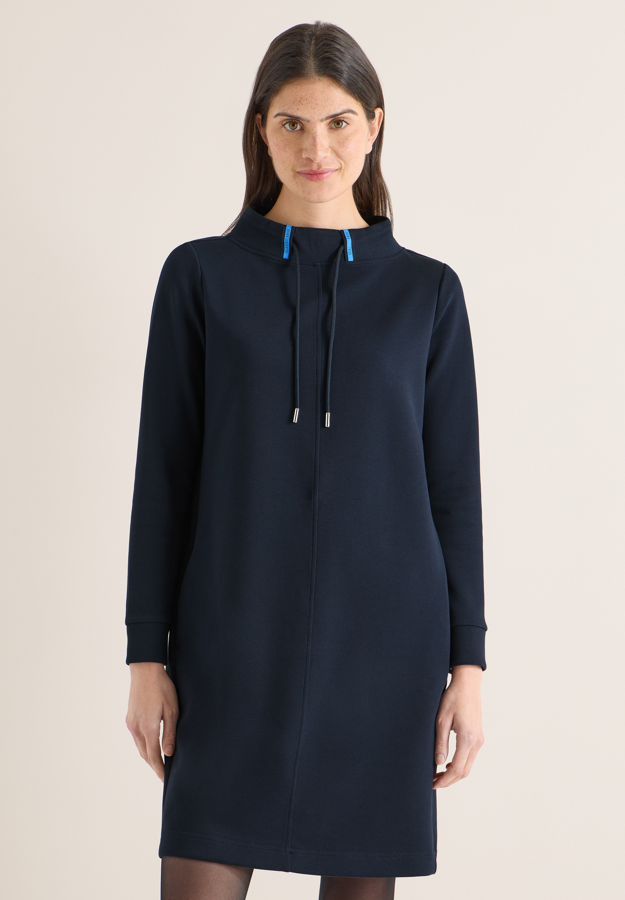 Midikleid CECIL, Damen, Gr. L (42), US-Größen, universal blau, Stoff, 53% Polyester, 40% Baumwolle, 7% Elasthan, unifarben, normal kniefrei, hoch geschlossener Ausschnitt, Bündchen, Kleider Midikleid, mit Stehkragen