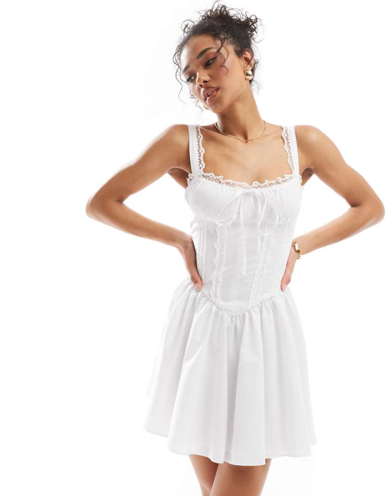 Miss Selfridge Womens Poplin Lace Trim Corset Mini Dress in White - Size 16 UK | Miss Selfridge Sale | Discount Designer Brands