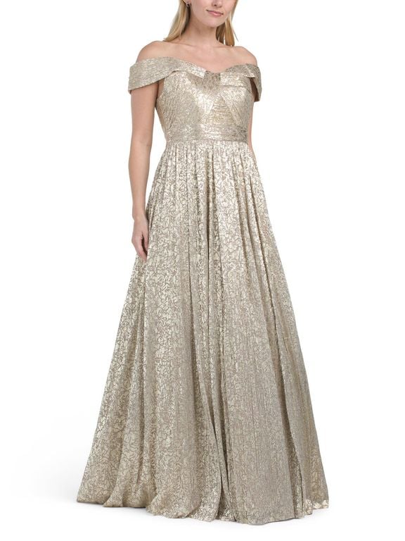 Off The Shoulder Metallic Gown For Polyester - Natural - Tj Maxx Dresses