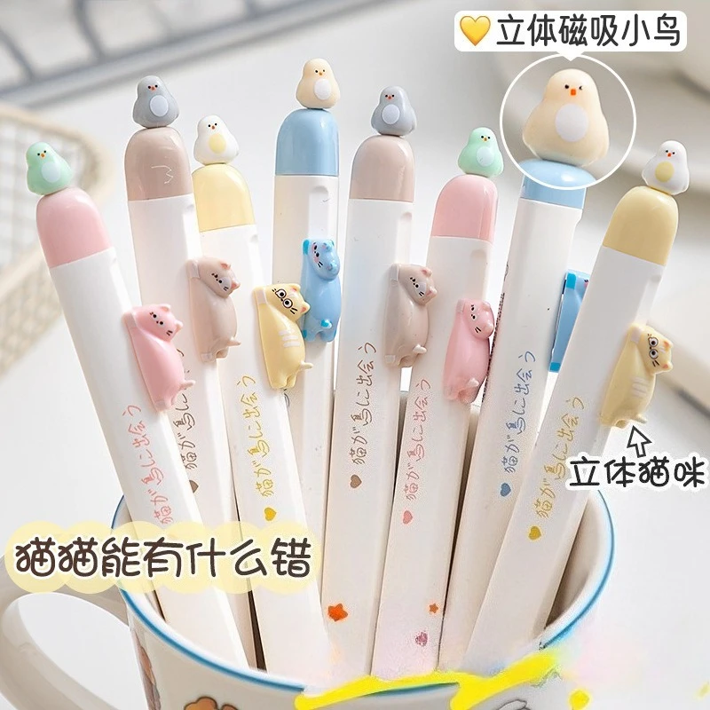 4pcs Cute Cat Bird Gel Pens Triangle Pen Holder Posture Correction Pen Quick Dry Smooth Writing 0.5mm Ink Stationery Supplies