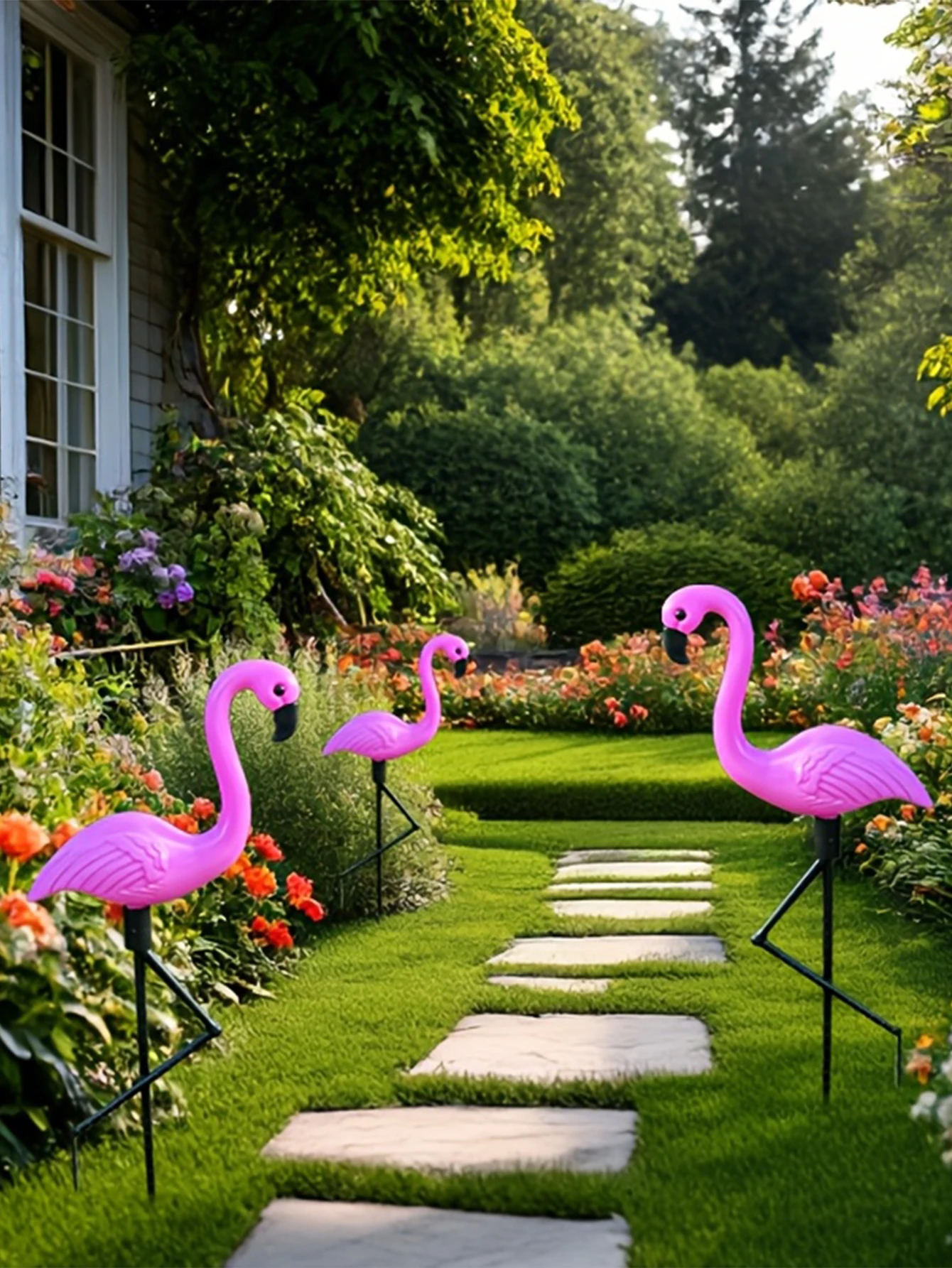 Art de décoration de jardin de flamant rose en métal de style tropical de 3 pièces, statues extérieures d'art de jardin de flamant rose pour la décoration intérieure, décoration de jardin, P