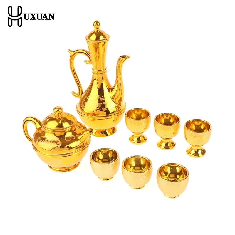 1set Wine Kettle Coffee Pot Set Vintage Wine Glasses Jug Exquisite Tea Pot Golden Teapot Household Classic Temple Offering Cup