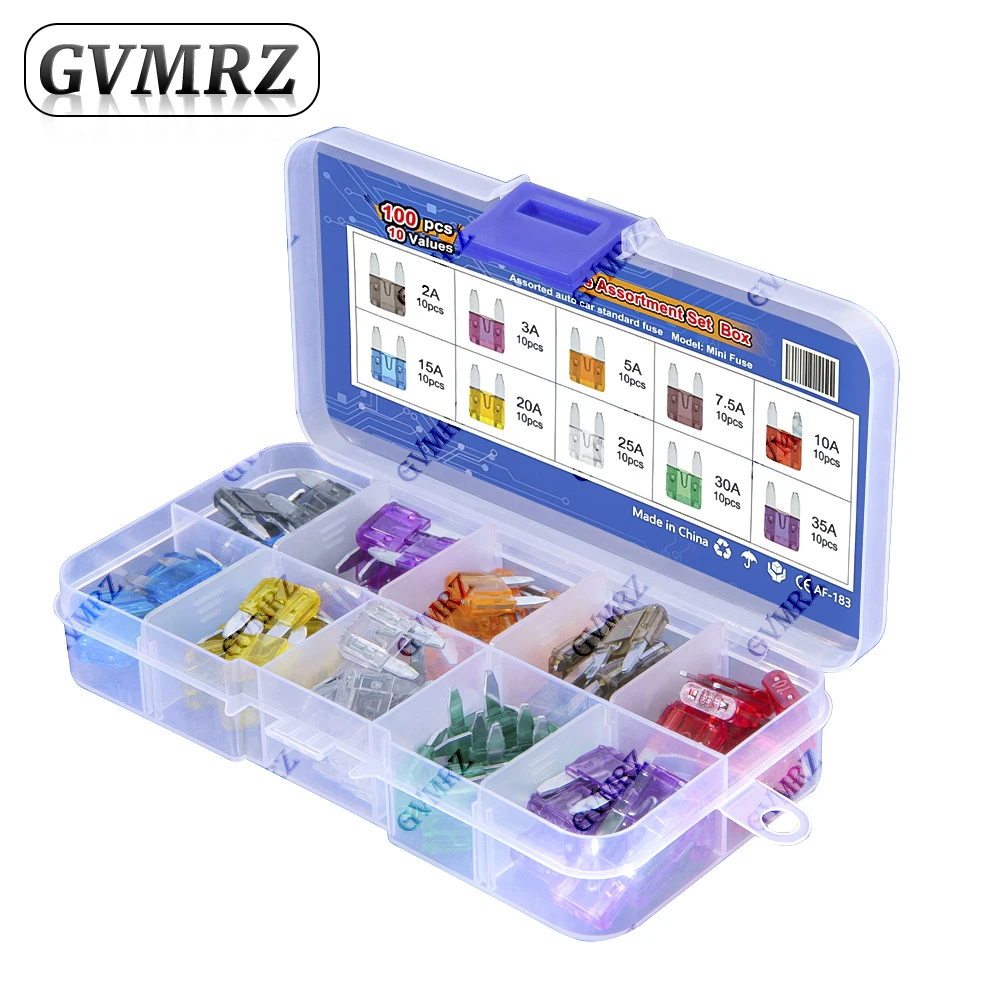 100PCS/BOX 10Values*10PCS Mini Auto Fuse Car Fuse Blade Kit Assortment 2A 3A 5A 7.5A 10A 15A 20A 25A 30A 35A With Box