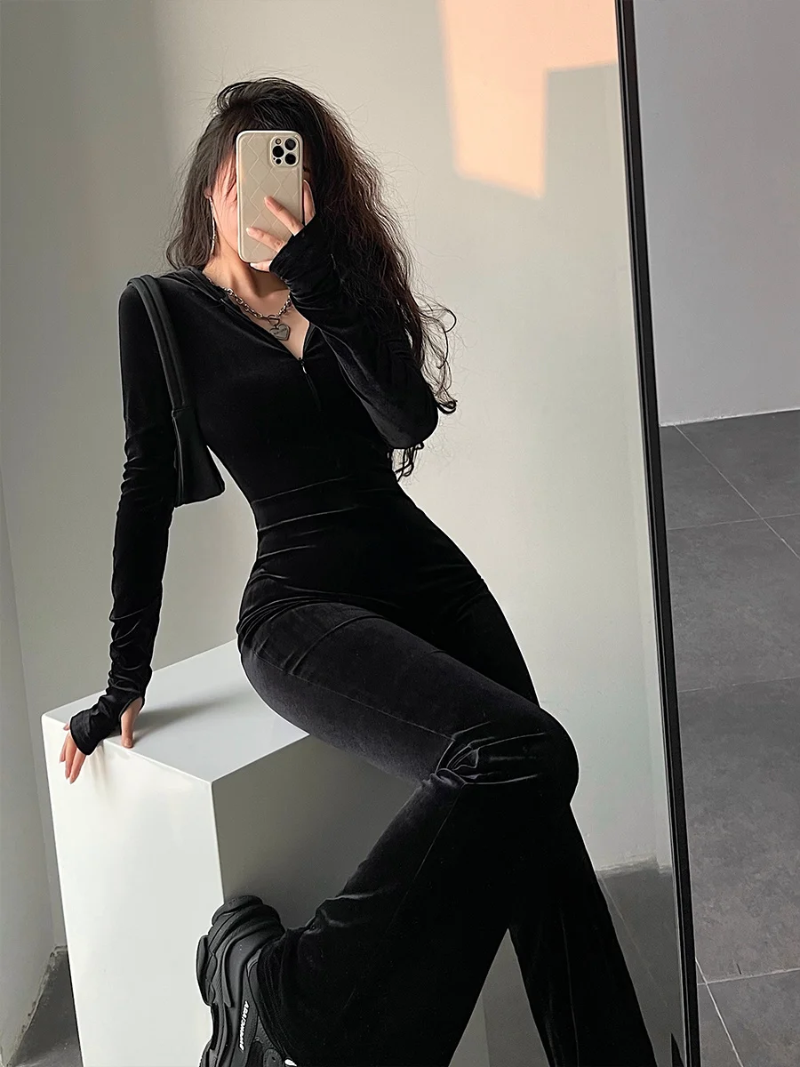 WOMENGAGA Mode Schwarz Samt Schlank Hooded Zipper Langarm Flare Hose Overall-spielanzug Koreanische Sexy Hot Tops 2022 9P64 Image