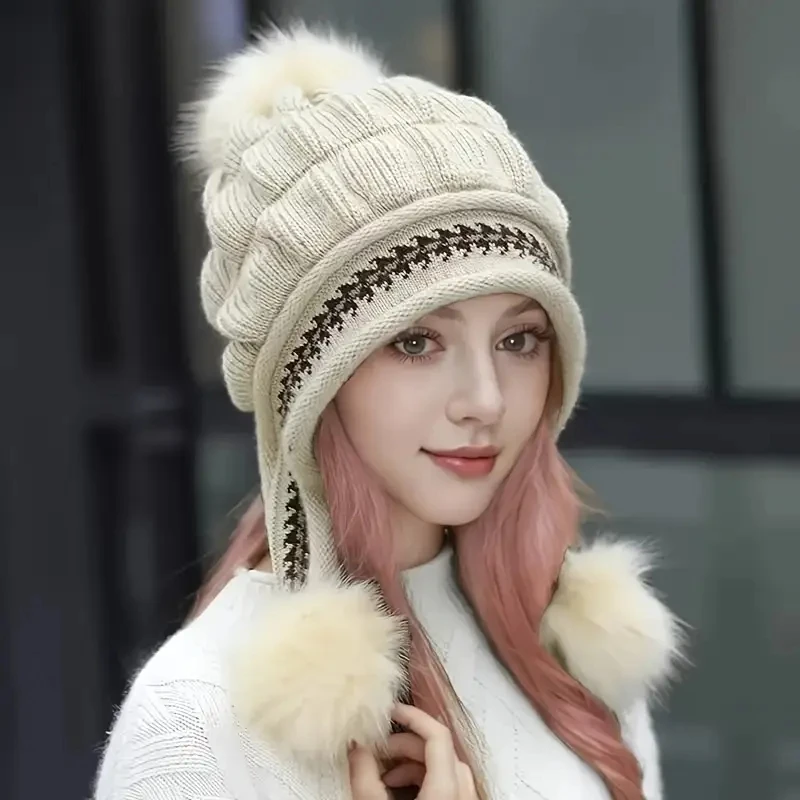 Set aus Winterstrickmütze ohne Handschuhe mit Ohrenklappen – gemütliche, mit Fleece gefütterte, verdickte Wärme für Radfahren im Freien Image