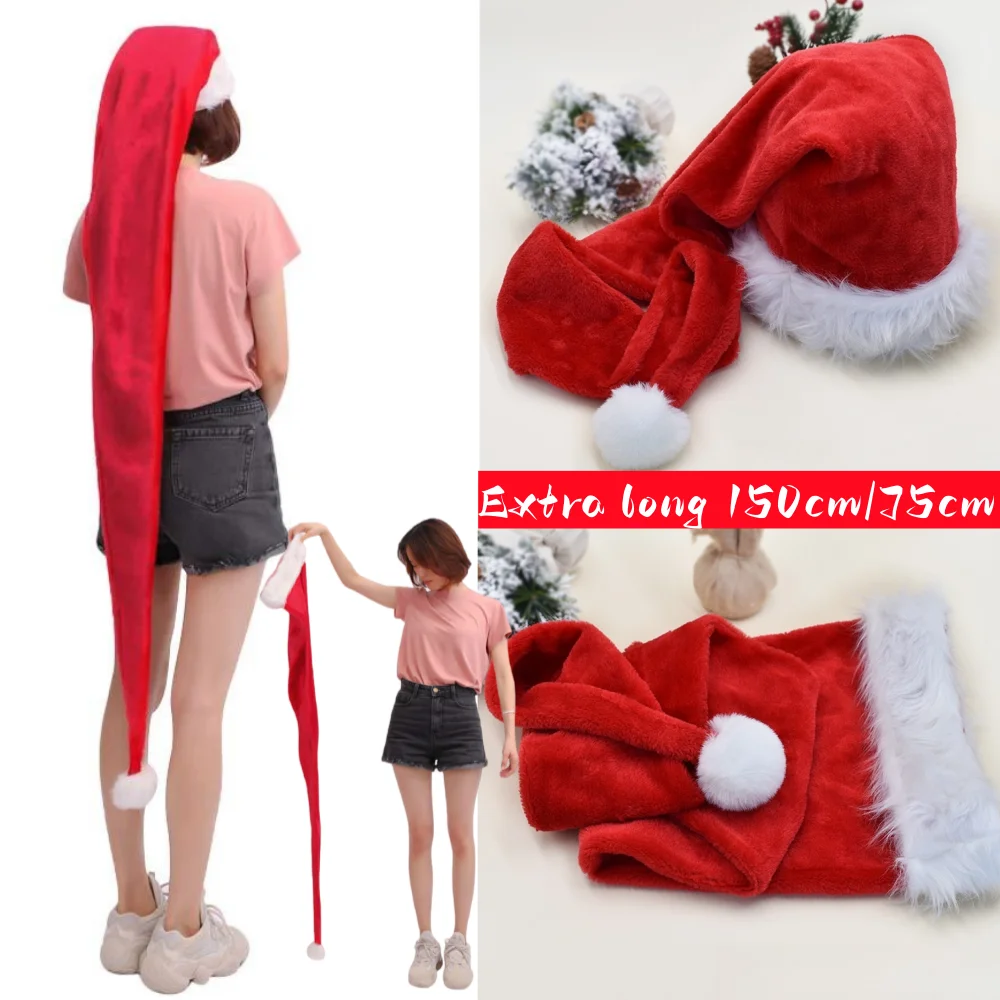 75/80/150 cm Weihnachtsmützen für Erwachsene Kinder Samt Weihnachtsmann Weihnachtsmützen Mütze Frohe Weihnachten Neujahr Festival Party Dekoration Image