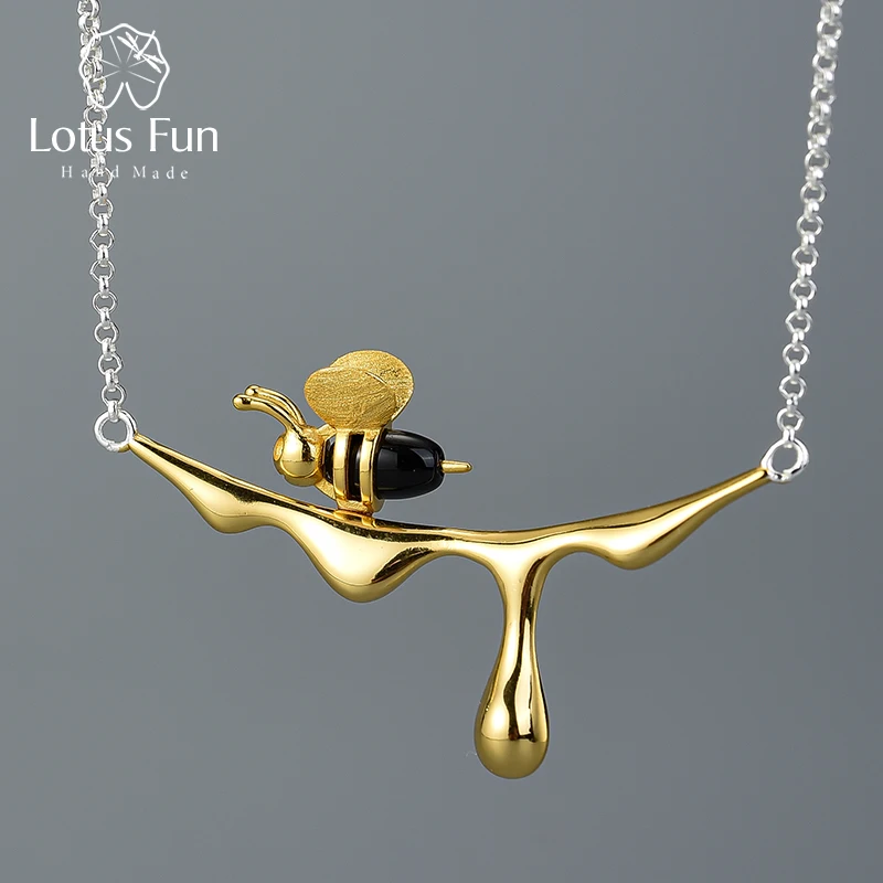 Lotus Spaß 18K Gold Bee und Tropft Honig Anhänger Halskette Echt 925 Sterling Silber Handgemachte Designer Edlen Schmuck für frauen