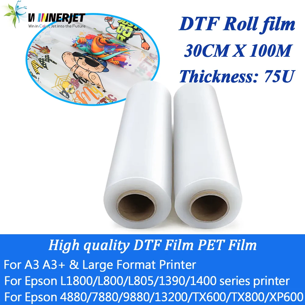 Winnerjet 30 cm x 100 m Rolle PET-Folie, einseitige und doppelseitige DTF-Folien zum Drucken von Direktübertragungen für Epson L1800 I3200 XP600 Image