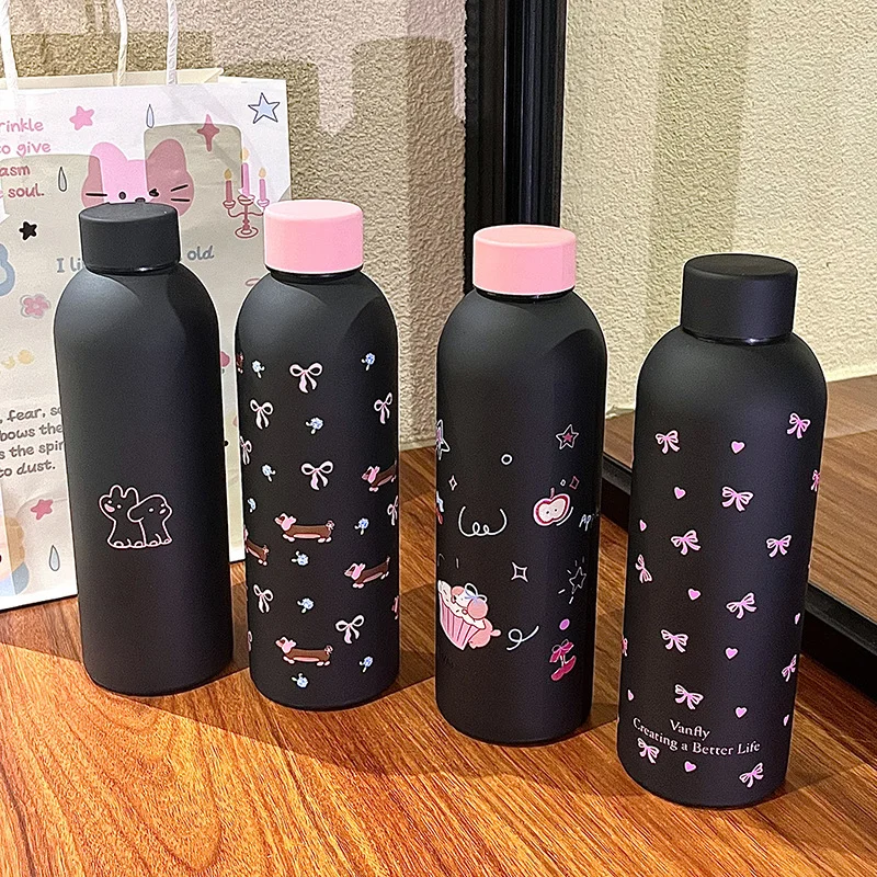 500 ml schwarzer und rosa Welpen-Edelstahl-Isolierbecher im süßen Dackel-Stil für Mädchen Image