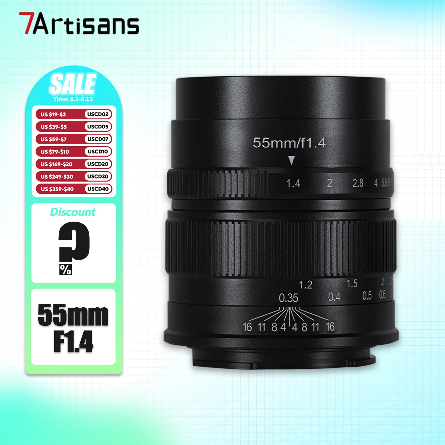 7artisans APS-C 55 mm F1,4 mittlere Telephoto-Geisteswissenschaften Kameraobjektiv mit großer Blende für Sony E Fujifilm XF Canon EOS-M M43-Halterung Image