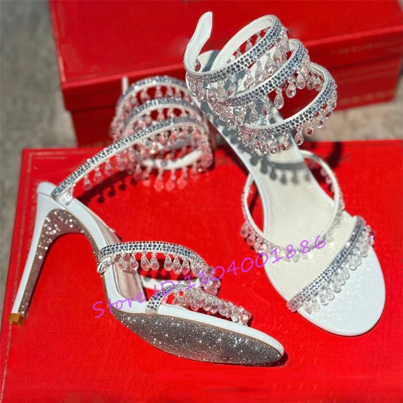 Strass Schlange Form Knöchel Riemchen Sandalen Sommer Sexy Offene spitze High Heels Kristall Anhänger Stiletto Party Hochzeit Frauen Schuhe