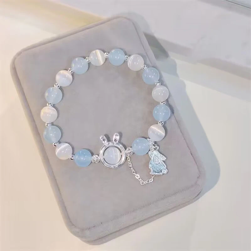 Kaninchen Anhänger Opal Perlen Armband ins Aqua Blue Moons tone Kristall Hand String Kette für Freundin Paar Geschenke Schmuck Image