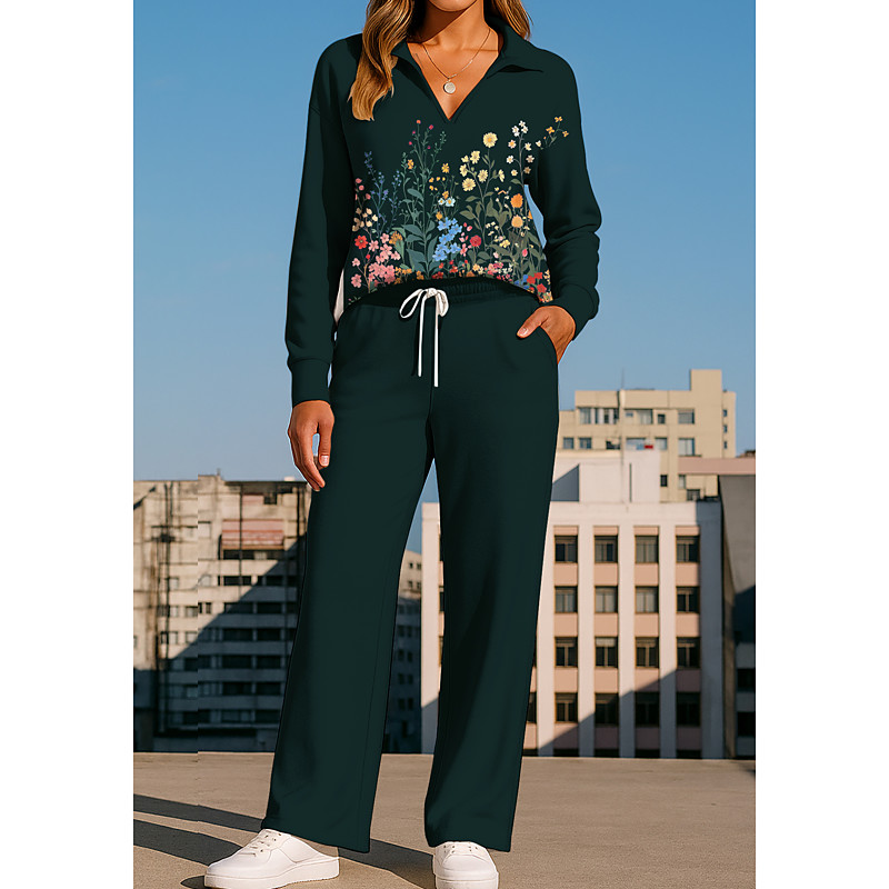 Women's Sweatshirt Tracksuit Sweatpants Drawstring Pocket Floral Print Jacket and Sweatpants Athletic Clothing Set Loungewear Summer Spring Fall Winter Navy Black Gym Workout Casual Workout Thermal