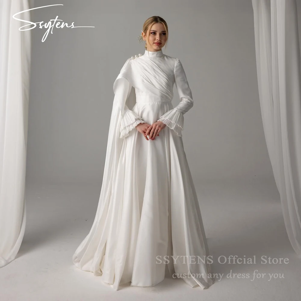 SSYTENS Muslimische Brautkleider Stehkragen Satin Maßgeschneiderte Perlen Arabische Brautkleider mit Schal Lange Ärmel Vestido De Noiva Image
