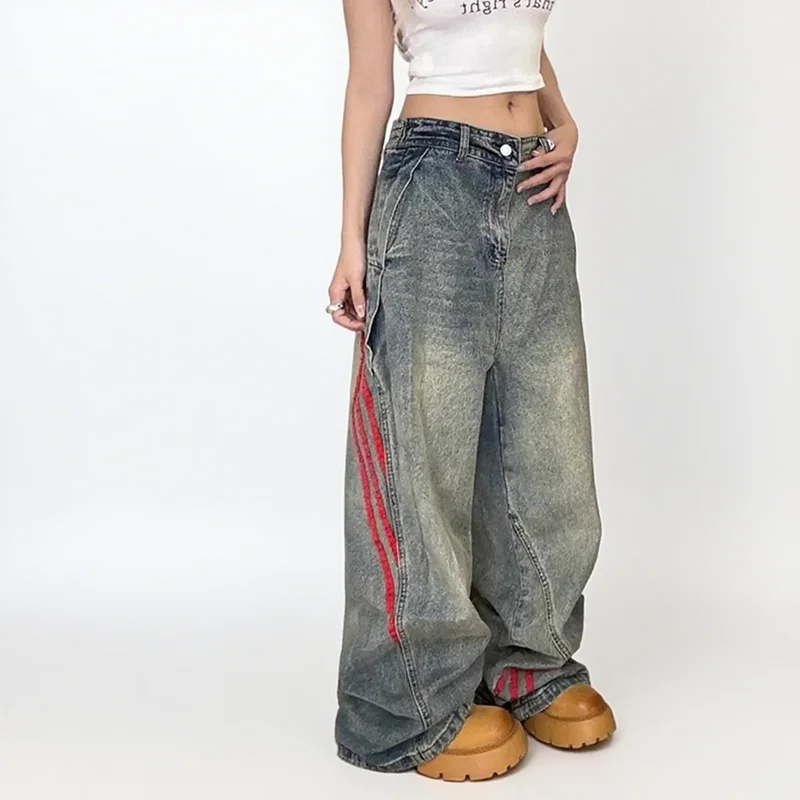 Herbst Und Winter Koreanische Mode Frauen Gerade Bein Jeans Mit Seite Streifen Breite Bein Hosen Casual Hosen Blaue Jeans Image