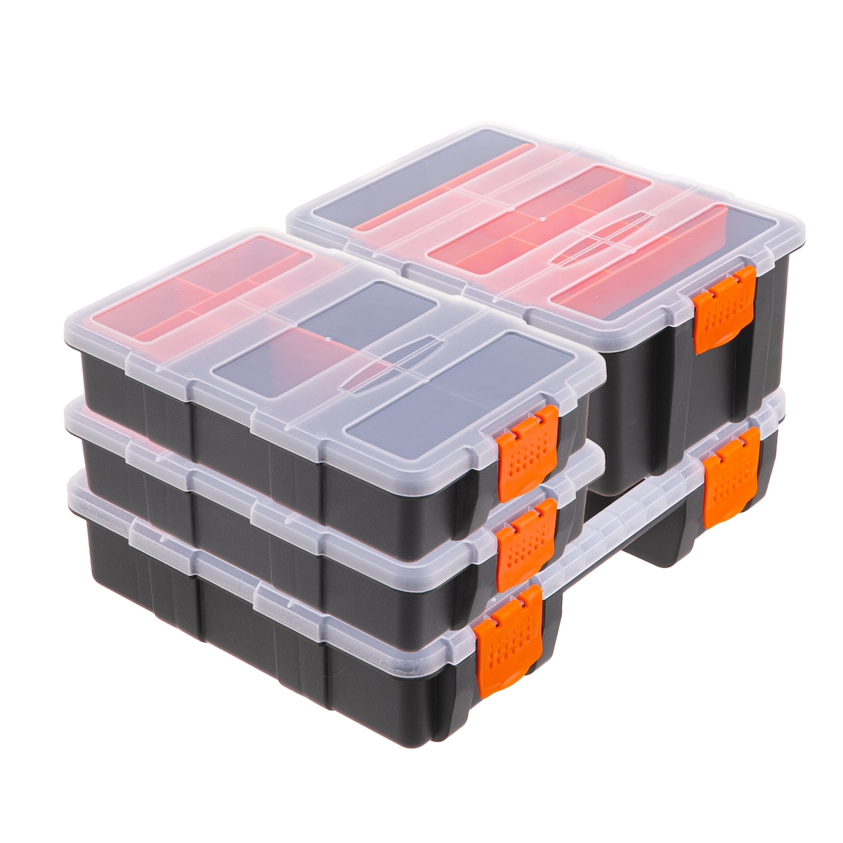 Relaxdays Sortierbox, 4er Set, 3 Größen, 49 Fächer, Kunststoff, Aufbewahrung Kleinteile, Sortimentsbox, schwarz/orange Image