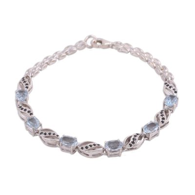 Blue Glitter,'Rhodium Plated Blue Topaz Link Bracelet from India'