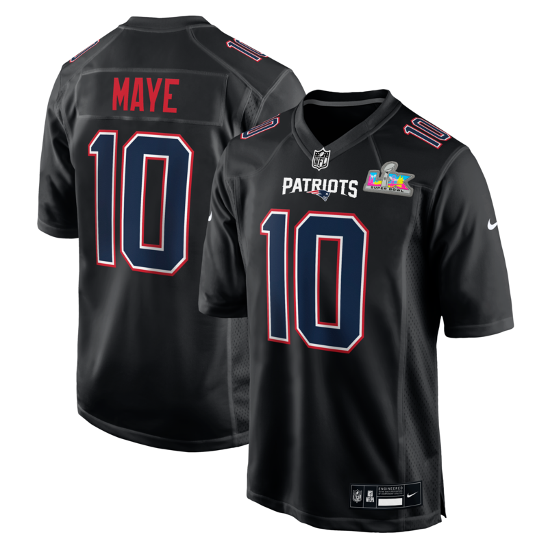 Nike Herren-Trikot mit Drake Maye-Logo, schwarz, New England Patriots, Super Bowl LX Patch Carbon Fashion Image