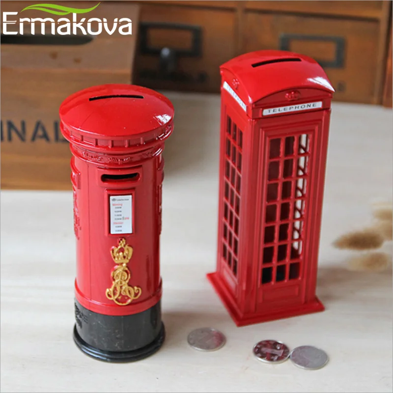 ERMAKOVA Metal London Telephone Booth Postbox Money Box Retro England Phone Figurine Piggy Bank Coin Bank ChildGift Home Decor