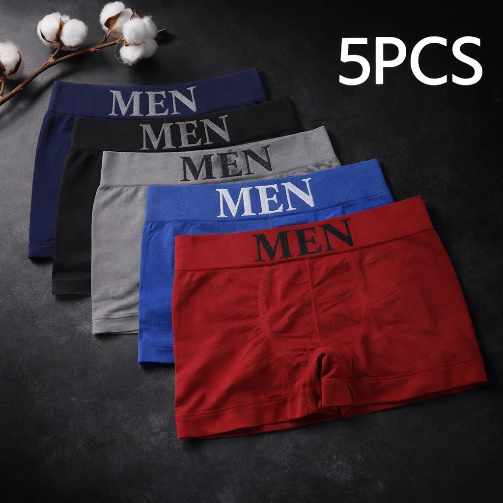 5 pezzi di boxer da uomo, intimo traspirante ad alta elasticità, pantaloncini elasticizzati in morbido cotone, comodi slip in tinta unita