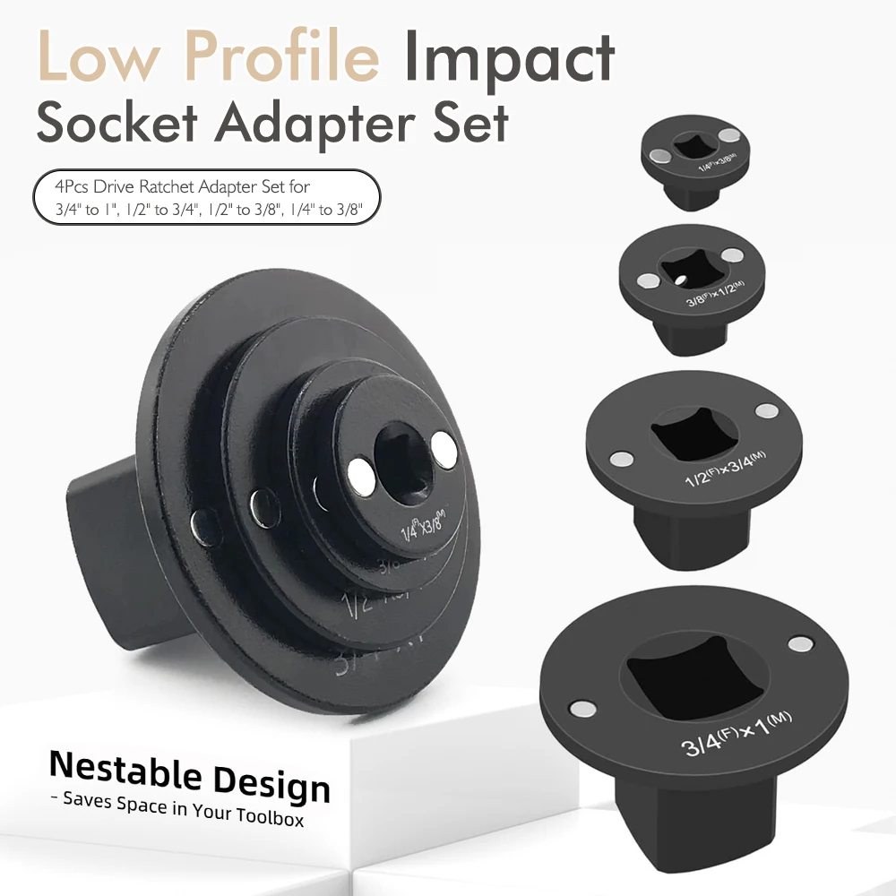 Set di adattatori per prese a impatto a basso profilo 3/4-1,1/2-3/4,1/2-3/8,1/4-3/8 Adattatore a cricchetto per unità Set di adattatori per prese da 4 pezzi