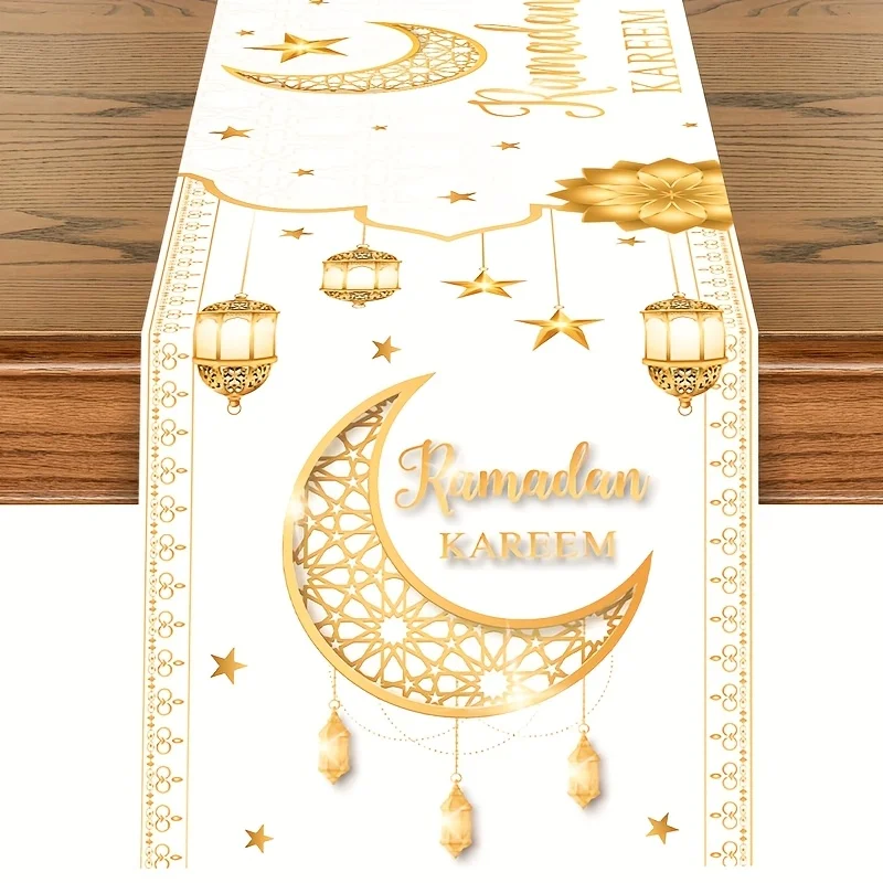 1 Stück Weiß Golden Ramadan Tischläufer Mond Stern Design Leinen Tischläufer für Esszimmer Küche Festliche Tischdecke Image