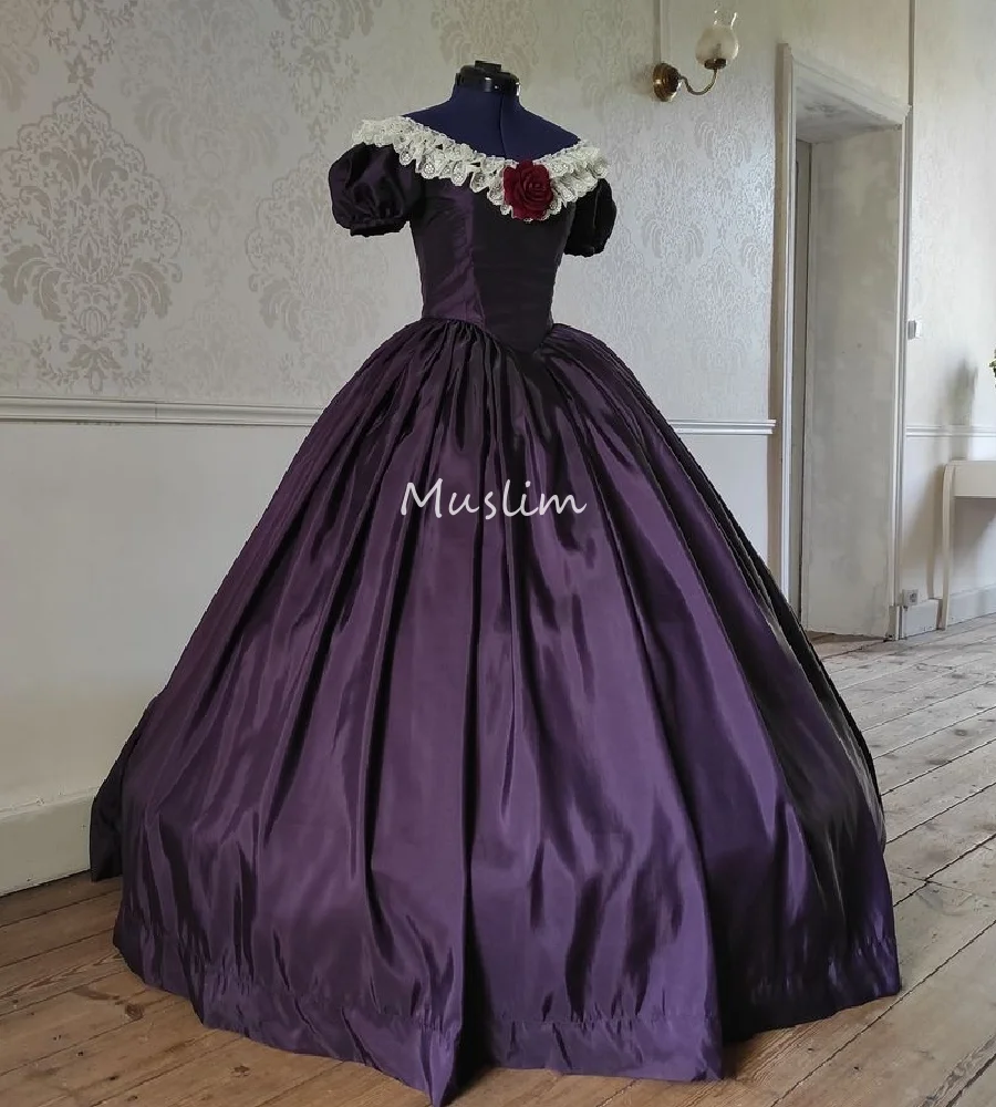 Renaissance Lila Abendkleid mit Spitze South Belle 1860er Satin Abendkleider 2025 Party Kurzarm formelles Kleid Maßgeschneidert