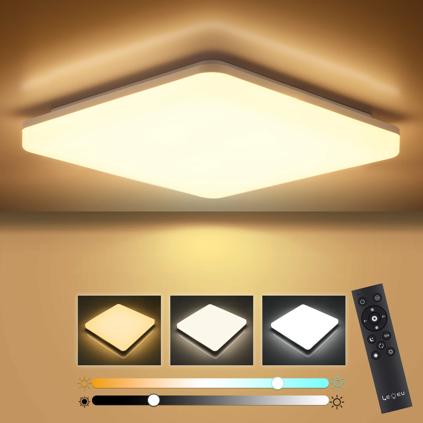 LED-Deckenleuchte, stufenloses Dimmen mit Fernbedienung, 3000 K–6500 K, geeignet für Wohnzimmer, Flur und Schlafzimmer Image