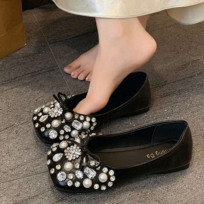 Kristall Perle Frauen Karree Wohnungen Schuhe Bogen Faulenzer Casual Sandalen 2025, Trend Turnschuhe Sommer Neue Gemütliche Frau Zapatillas Mujer