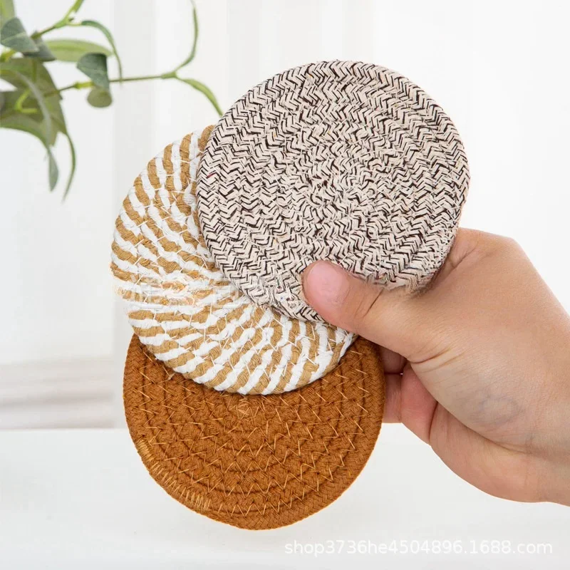 8 Stück Wohnkultur stilvolle handgemachte Tischplatte Schutz runde Schnur Baumwolle gewebte super saugfähige Untersetzer für Getränke Kaffee Image