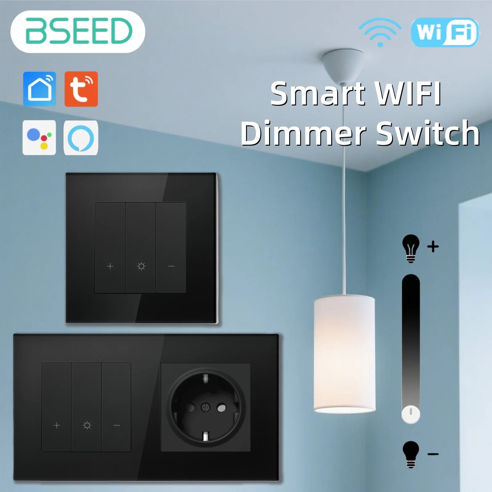 BSEED WIFI Dimmer Schalter Serie Wand Smart Click Schalter Gelbe Hintergrundbeleuchtung Glasrahmen Tuya APP Schalter EU Steckdosen mit USB-C Image