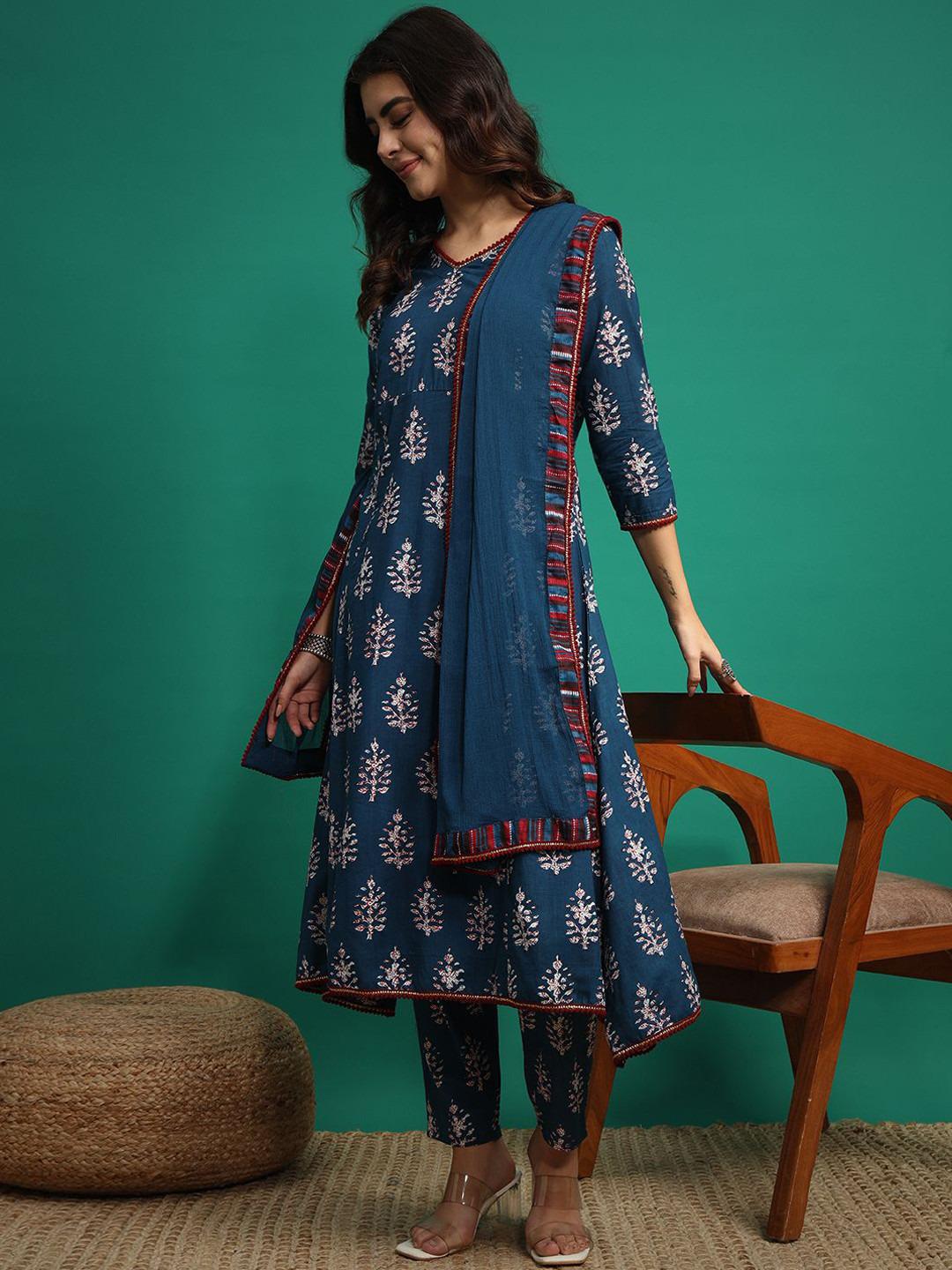 Set Kurta in cotone stampato blu per donna, abito indiano da 3 pezzi con Dupatta / set di pantaloni Kurti Anarkali etnici / comodo abbigliamento festi