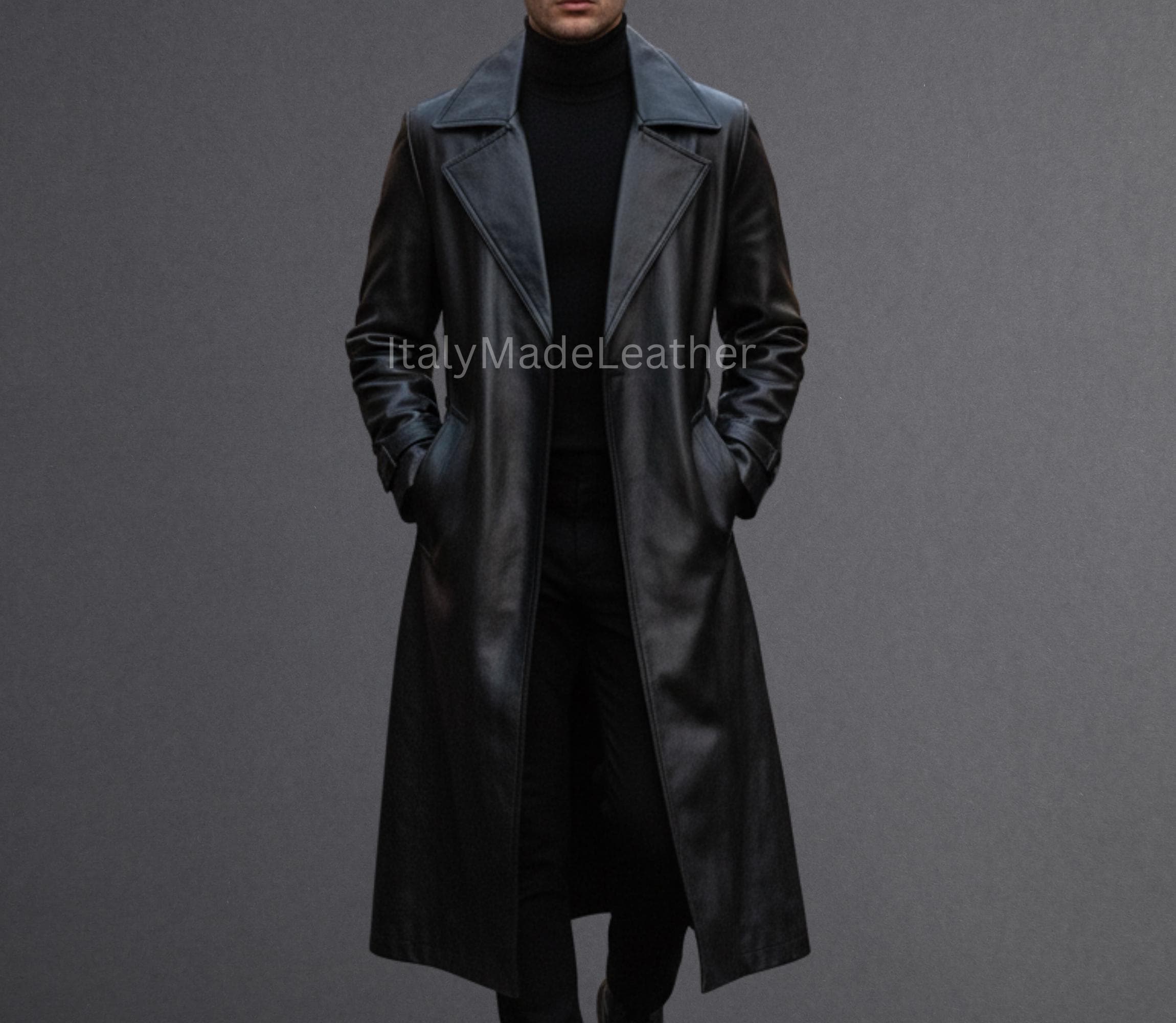 Cappotto lungo da uomo in vera pelle di mucca nera - Trench in vera pelle fatto a mano, cappotto casual, cappotto formale, cappotto lungo classico, ca