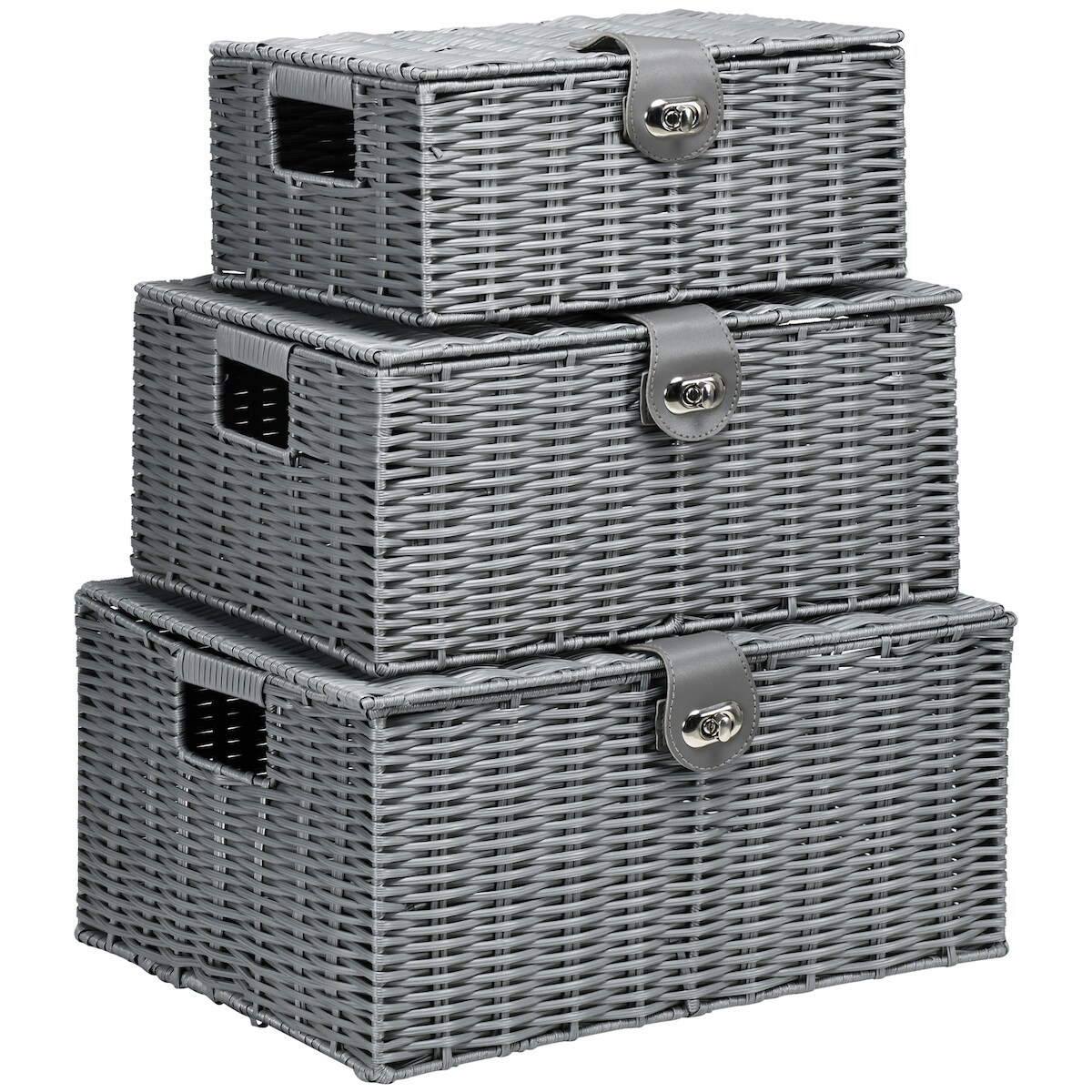 MODFU Aufbewahrungsboxen 3er-Set 35x28x18 PP Kunststoff Metallrahmen Deckel Schnallen Aufbewahrung Ordnung Grau Image