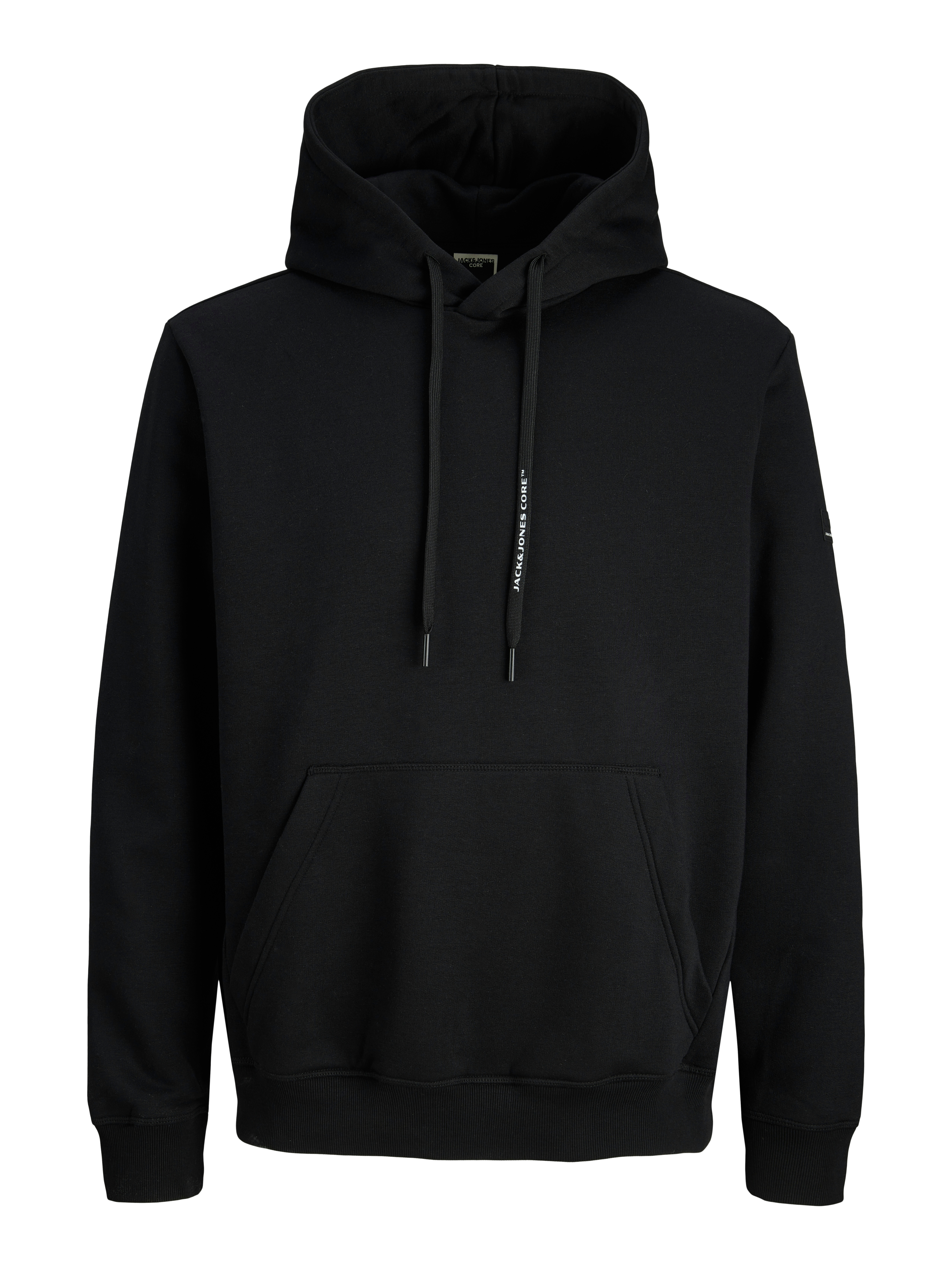 Kapuzensweatshirt JACK & JONES "JCOFUSION SWEAT BADGE HOOD", Herren, Gr. S, schwarz, angeraute Sweatware, Obermaterial: 52% Polyester, 48% Baumwolle, unifarben, relaxed fit normal, ohne Ausschnitt, Sweatshirts
