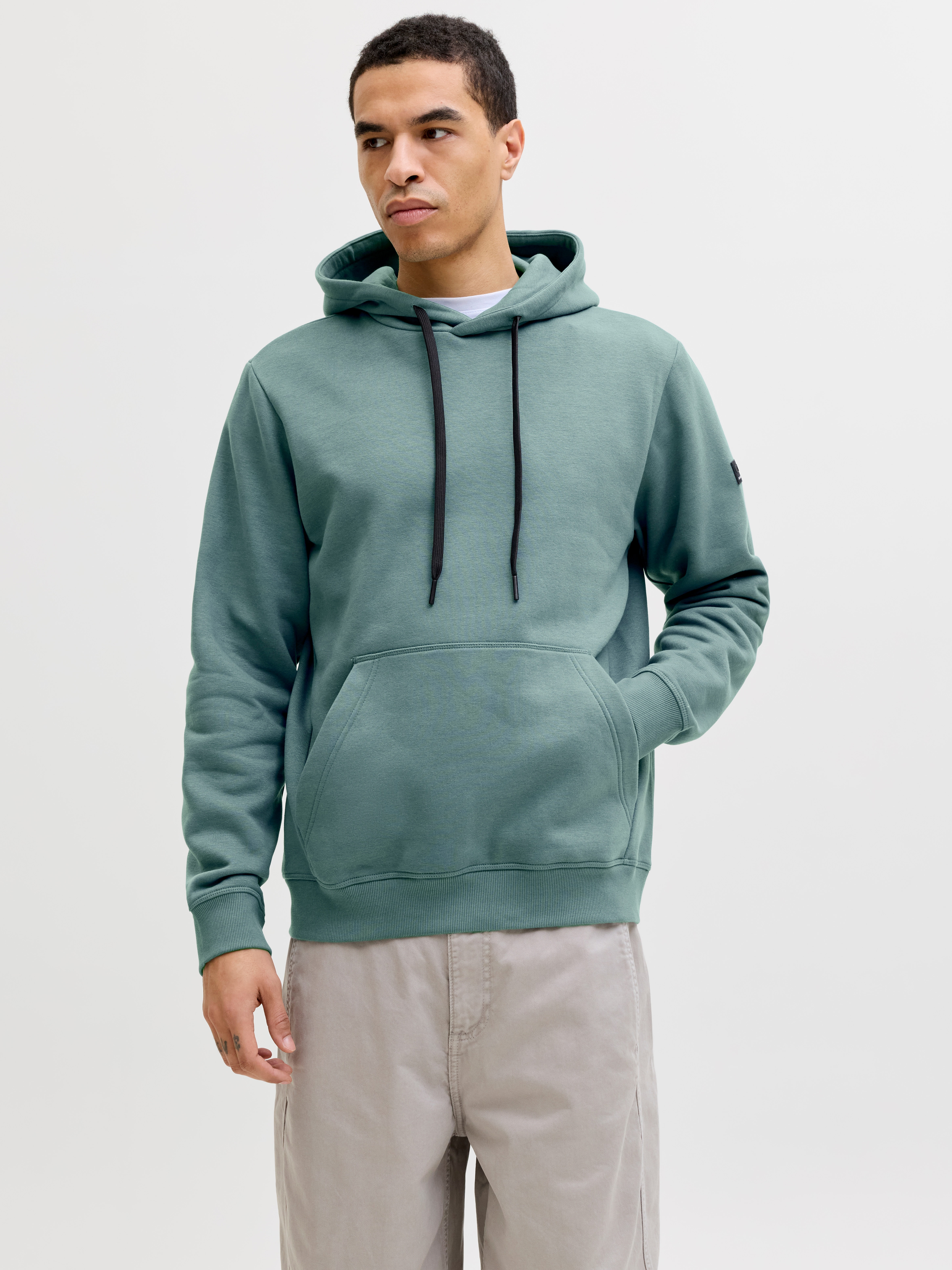 Kapuzensweatshirt JACK & JONES "JCOFUSION SWEAT BADGE HOOD", Herren, Gr. XL, north atlantic, angeraute Sweatware, Obermaterial: 52% Polyester, 48% Baumwolle, unifarben, relaxed fit normal, ohne Ausschnitt, Sweatshirts