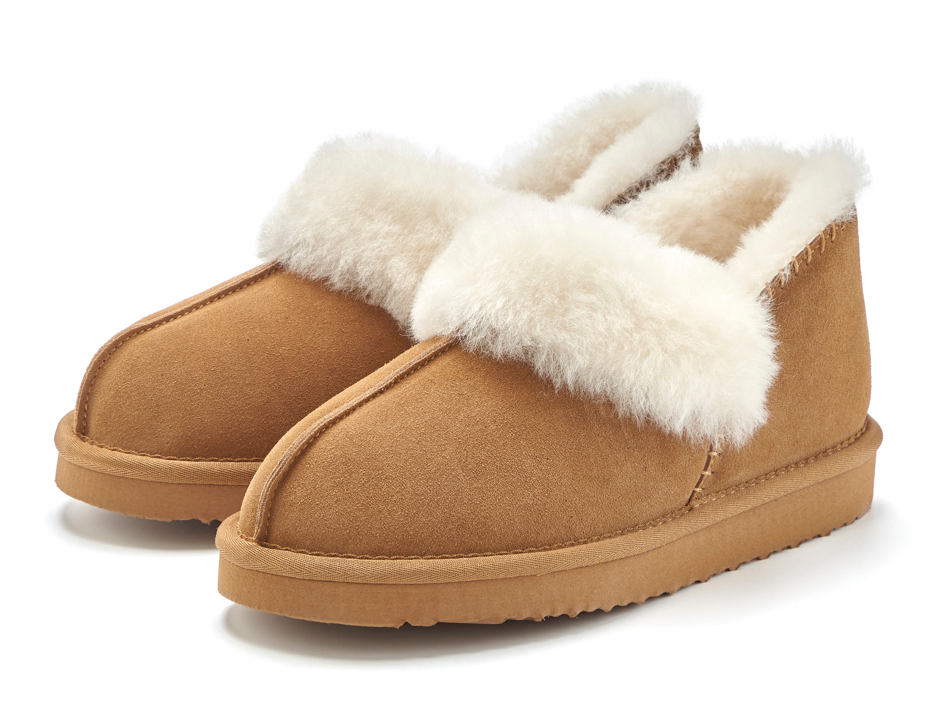 Hausschuh VIVANCE "Plüsch Hausschuh, Pantolette, Pantoffel, Homeslippers", Damen, Gr. 41, camelfarben, Obermaterial: 100% Rindsleder. Decksohle: 100% Lammfell. Futter: 100% Lammfell. Laufsohle: 100% Synthetik, unifarben, Schuhe Hausschuh, mit...