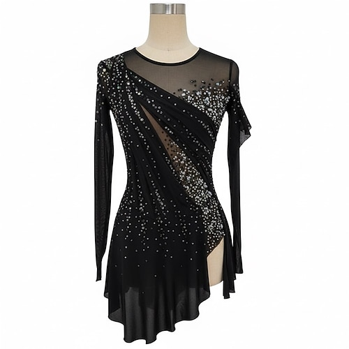 Eiskunstlaufkleid Damen Eislaufen Kleid Schwarz Patchwork Daumenloch Dehnbar Training Wettbewerb Eiskunstlaufkleidung Klassisch Kristall / Strass Langarm Eislaufen Eiskundstlauf Image