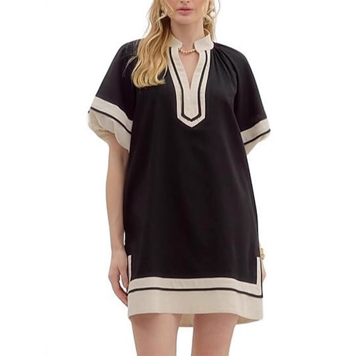 Damen Minikleid Hemdblusenkleid Freizeitkleid Mode Modern Urlaub Ausgehen Wochenende Lässiger Schnitt Farbblock Kurzarm V Ausschnitt Blau Schwarz Weiß Rosa Sommer Frühling Image