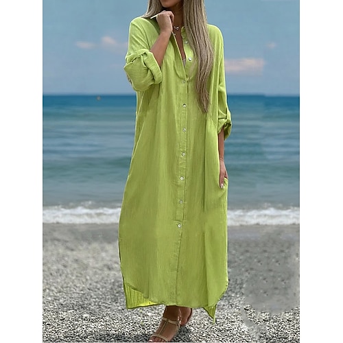 Damen Maxikleid Shiftkleid Lässig Täglich Lässiger Schnitt Einfach Langarm Revers Blau Schwarz Weiß Hellgrün Sommer Frühling Herbst