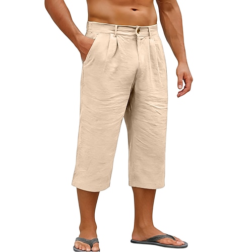 Herren Leinenhosen Caprihose Sommerhose Tasche Elastischer Bund Einfach Komfort Atmungsaktiv Wadenlang Täglich Outdoor Ferien Mode Klassicher Stil Blau Cachi scuro Mikroelastisch Image