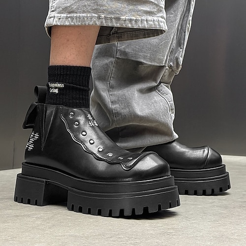 Herren Stiefel Bikerstiefel Spaziergang Vintage Lässig Britisch Mikrofaser Warm Bequem Rutschfest Stiefeletten Loafer Helles Schwarz Schwarz Herbst Winter Image