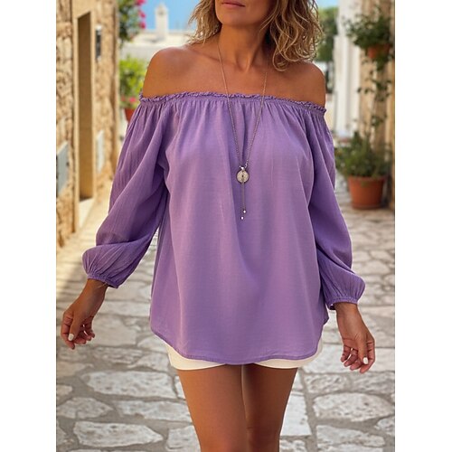 Damen Hemd Bluse Einfach Bohemien Stilvoll Lässig Langarm Schulterfrei Normale Oberteile Täglich Ferien Ausgehen Blau Gelb Rosa Armeegrün Purpur Sommer Frühling Image