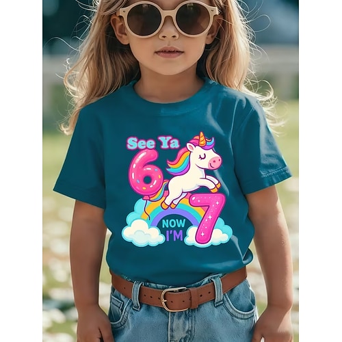 Mädchen 3D Grafik Einhorn Lustiger Slang 67 T-Shirt Kurzarm 3D-Druck Sommer Frühling Sport Mode Streetwear Kinder 4-12 Jahre Rundhalsausschnitt Lässig Täglich Outdoor Normale Passform Image