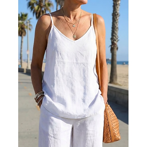 Damen Baumwoll-Leinen-Hemden Bluse Camisole-Tanktop Patchwork Einfach Stilvoll Modern Lässig Ärmellos U-Ausschnitt Normale Oberteile Täglich Ferien Ausgehen Schwarz Weiß Gelb Purpur Grün Sommer Image