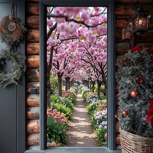 Frühlings-Kirschblüten-Türbanner, romantisches Sakura-Gartenweg-Verandaschild, rosa Blütenbaum-Hängedekoration für die Haustür, Außendekoration Image