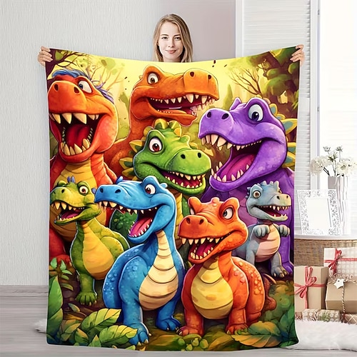 Niedliche Dinosaurier-Kuscheldecke für Kinder, bunte Dino-Welt, weiche Fleecedecke für Jungen- und Mädchenzimmer, Kinderzimmerdeko Image