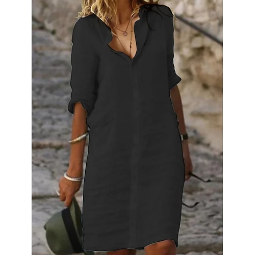 Damen Knielanges Kleid Hemdblusenkleid Freizeitkleid Baumwoll-Kleid Mode Modern Outdoor Urlaub Ausgehen Normale Passform Einfach Halbarm Hemdkragen Blau Schwarz Weiß Grau Sommer Frühling Image