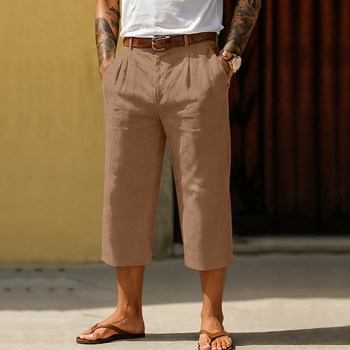Herren Leinenhosen Caprihose Sommerhose Tasche Elastischer Bund Einfach Komfort Atmungsaktiv Wadenlang Täglich Outdoor Strand Urlaub Mode Blau Cachi scuro Mikroelastisch Image